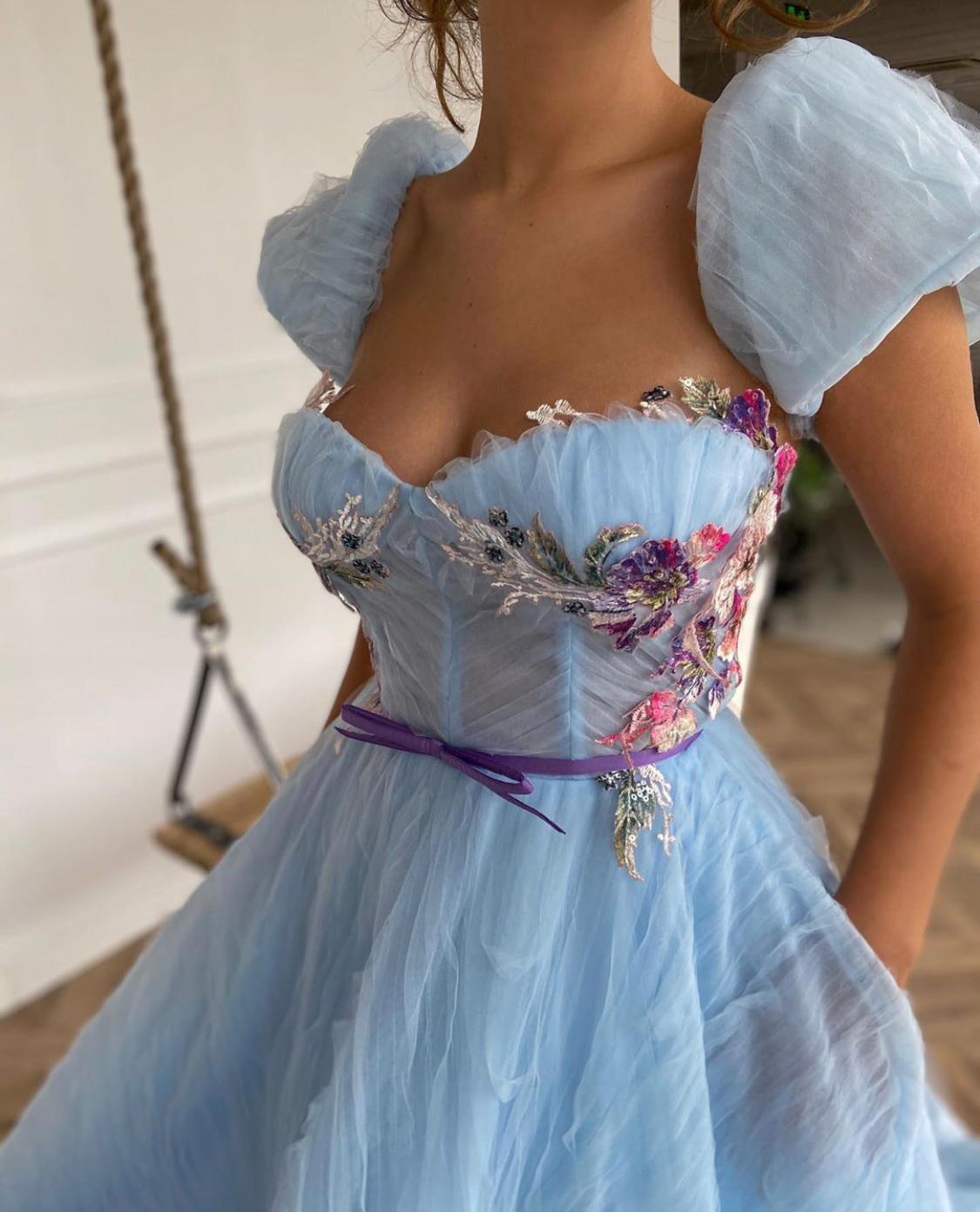 Blue A-Line dress with short sleeves and embroidery
