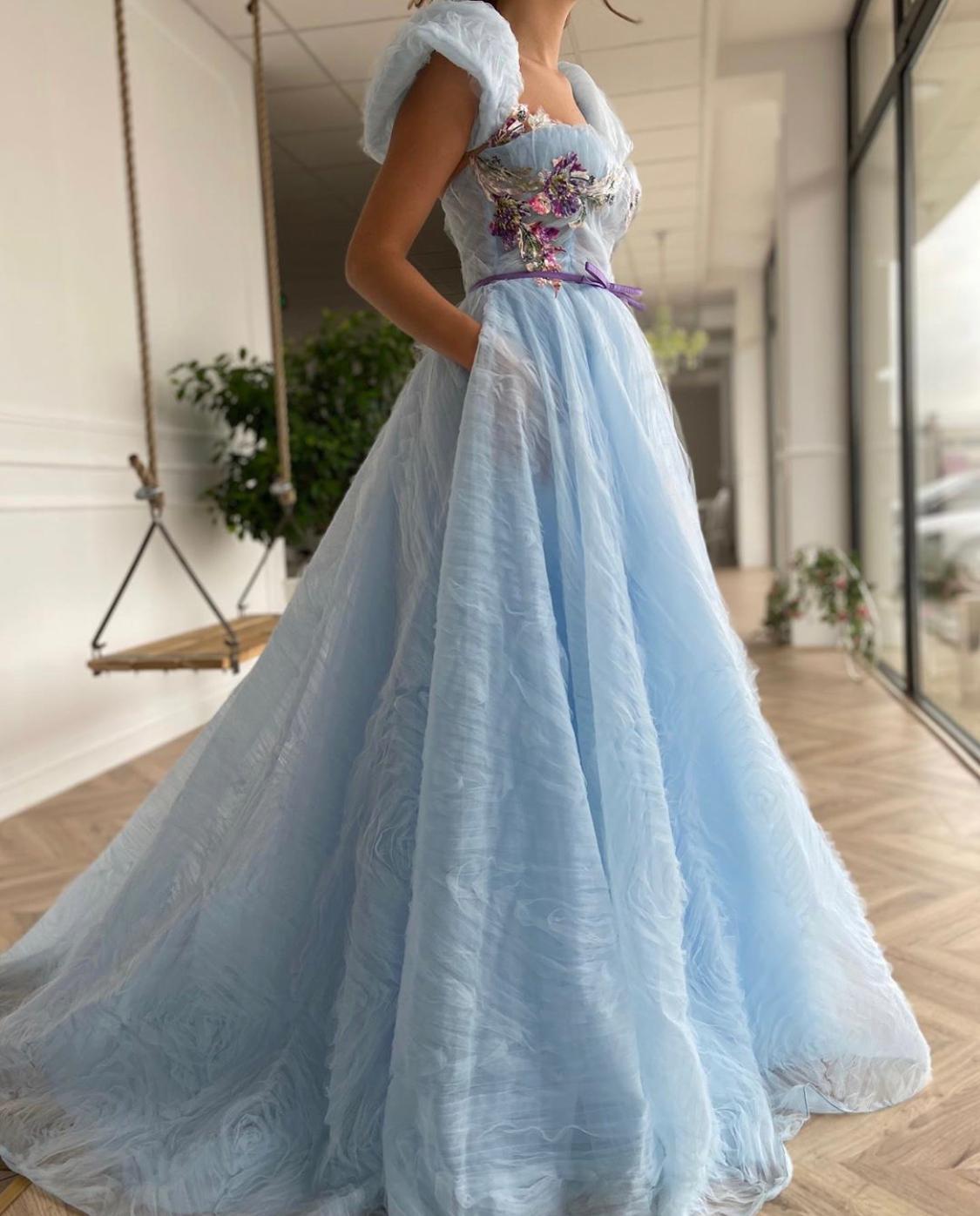 Blue A-Line dress with short sleeves and embroidery