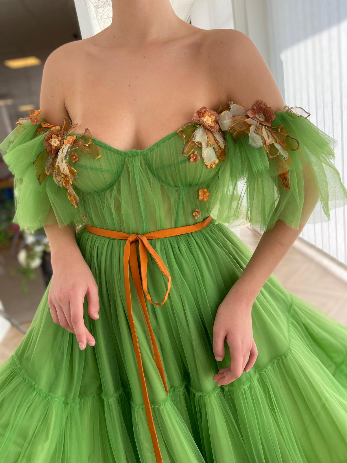 Green A-Line dress with off the shoulder sleeves and embroidery