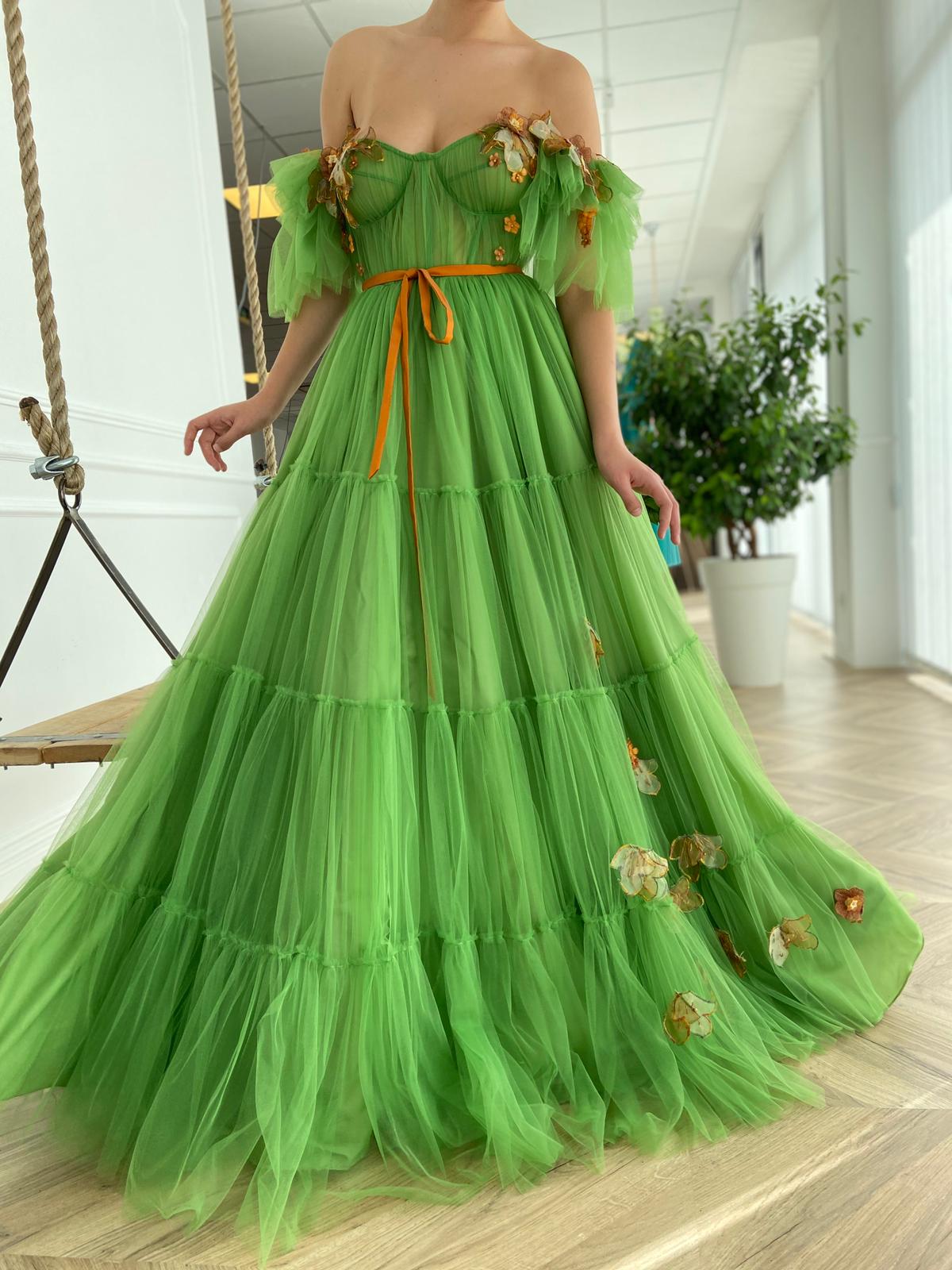Green A-Line dress with off the shoulder sleeves and embroidery