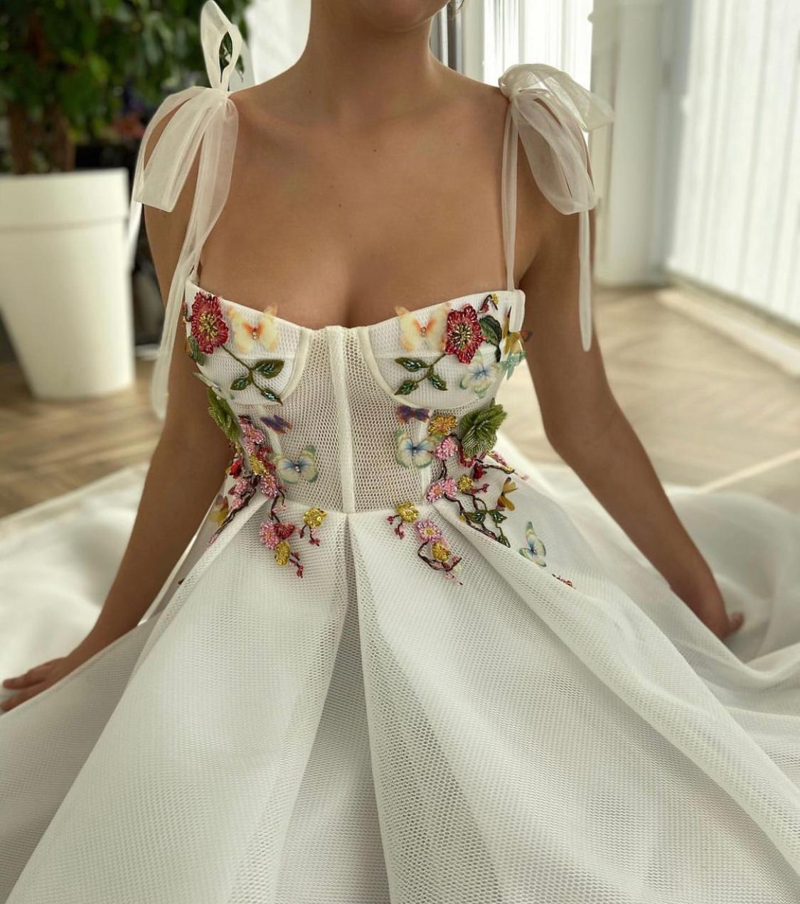 Midi white bridal dress with embroidered flowers and spaghetti straps