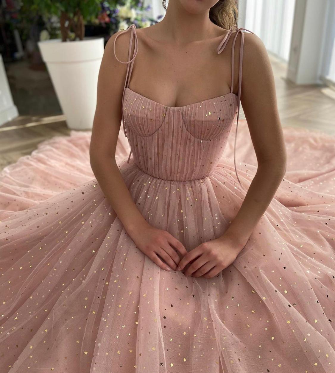Pink A-Line dress with spaghetti straps and starry fabric