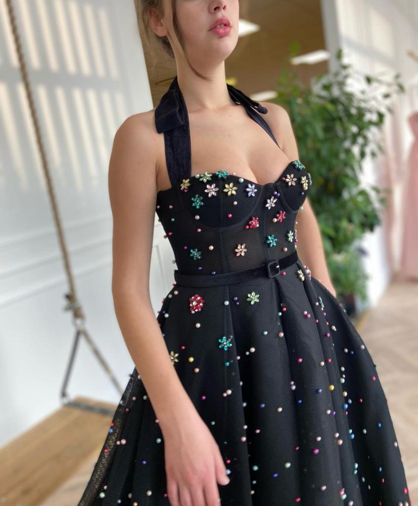 Black midi dress with straps, embroidery and belt