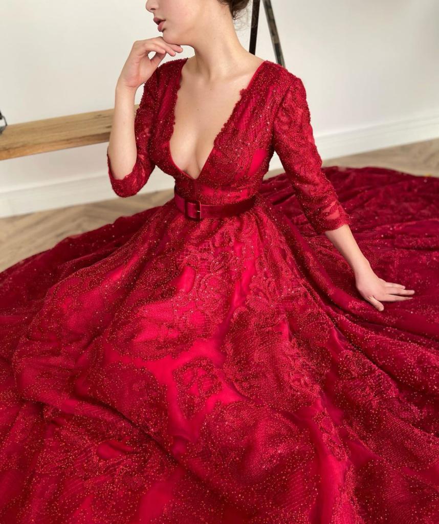 Red A-Line dress with belt, long sleeves and v-neck