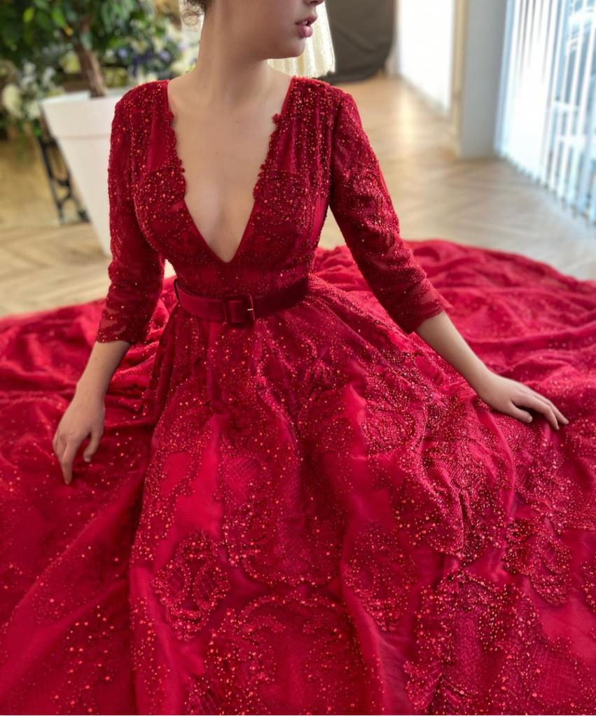 Red A-Line dress with belt, long sleeves and v-neck