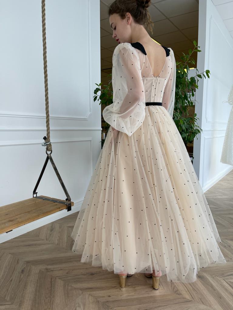 Midi beige bridal dress with buttons, dotted, embroidery and long sleeves