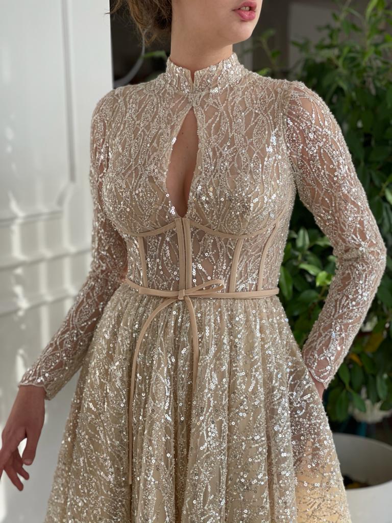 Midi beige bridal dress with sparkles and long sleeves