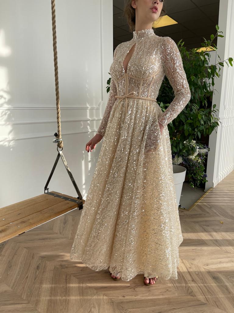 Midi beige bridal dress with sparkles and long sleeves