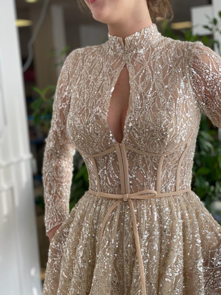 Midi beige bridal dress with sparkles and long sleeves