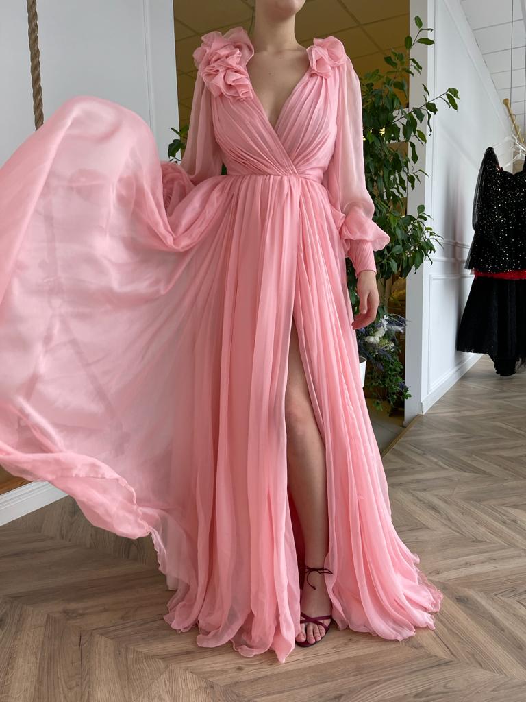 Pink A-Line dress with v-neck, long sleeves and embroidery