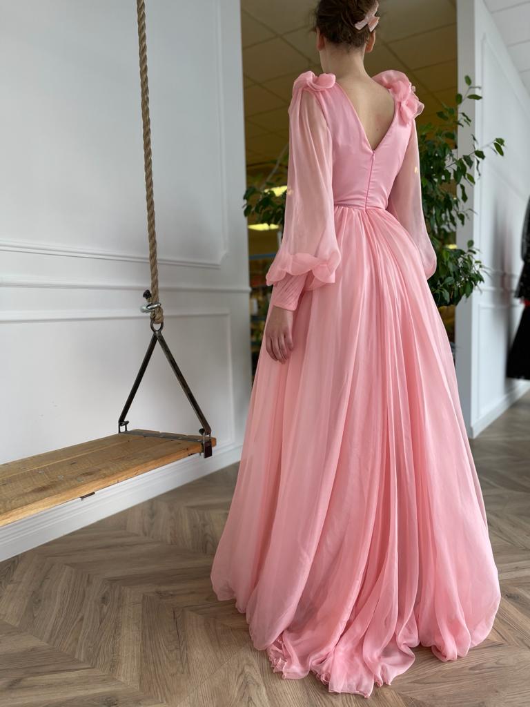 Pink A-Line dress with v-neck, long sleeves and embroidery