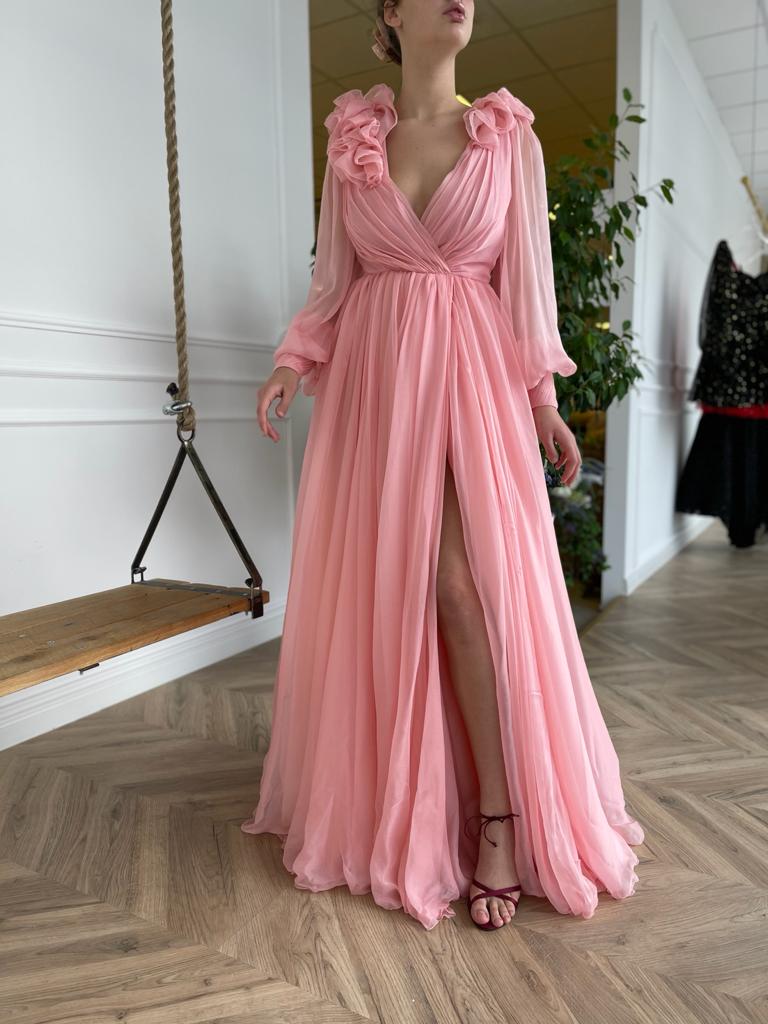 Pink A-Line dress with v-neck, long sleeves and embroidery