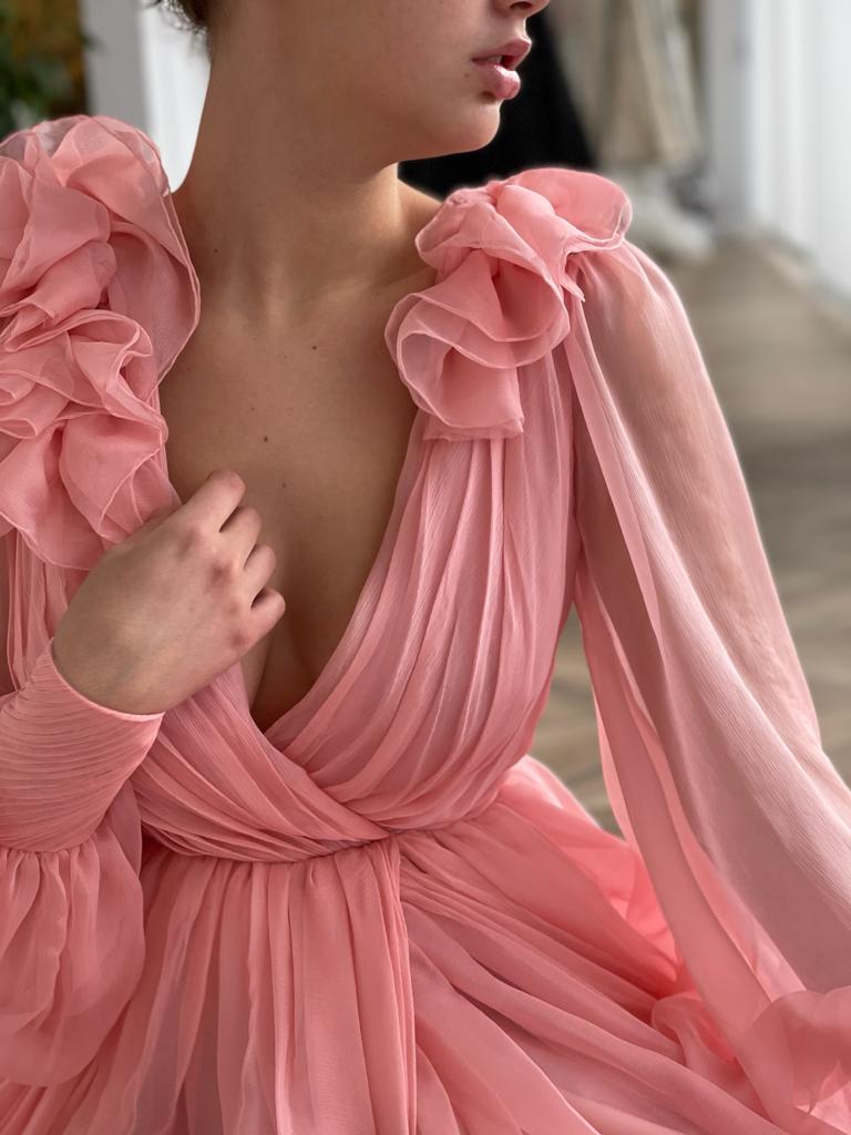 Pink A-Line dress with v-neck, long sleeves and embroidery