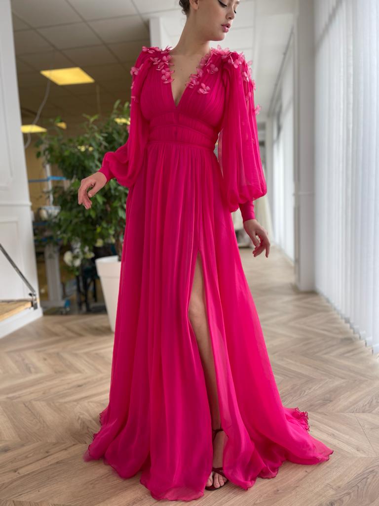 Pink A-Line dress with long sleeves, v-neck and embroidery