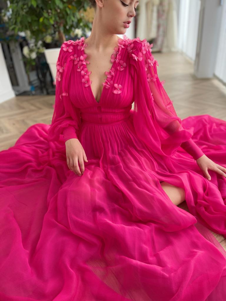 Pink A-Line dress with long sleeves, v-neck and embroidery