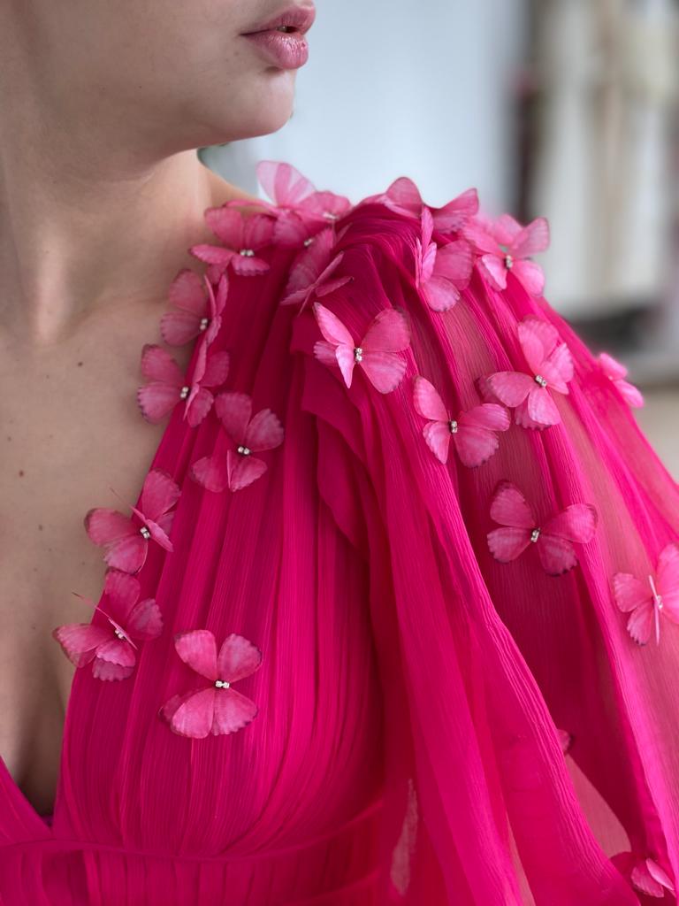 Pink A-Line dress with long sleeves, v-neck and embroidery