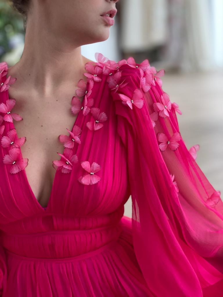 Pink A-Line dress with long sleeves, v-neck and embroidery