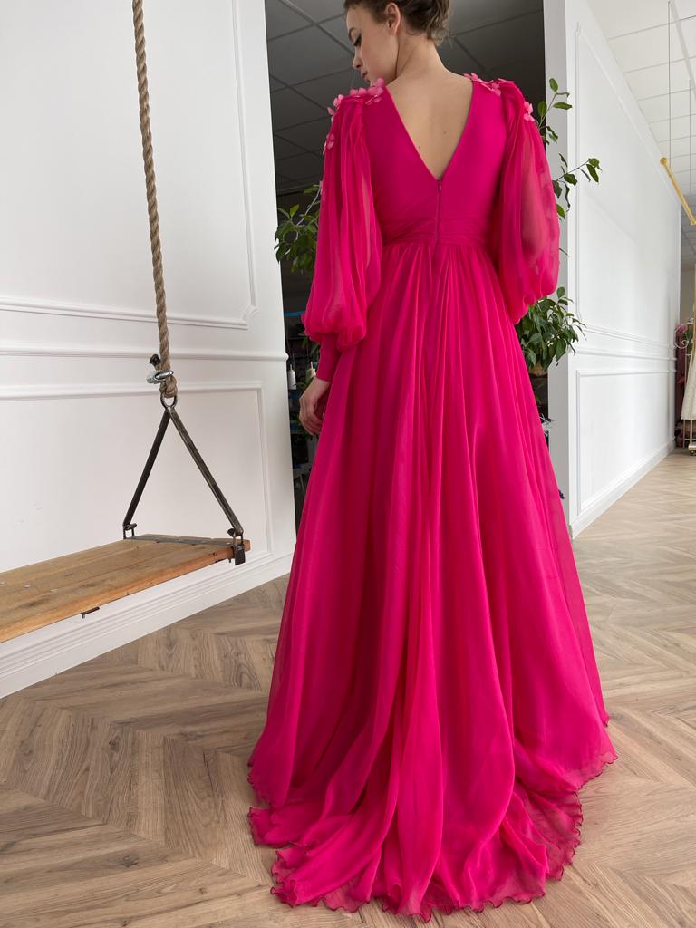 Pink A-Line dress with long sleeves, v-neck and embroidery