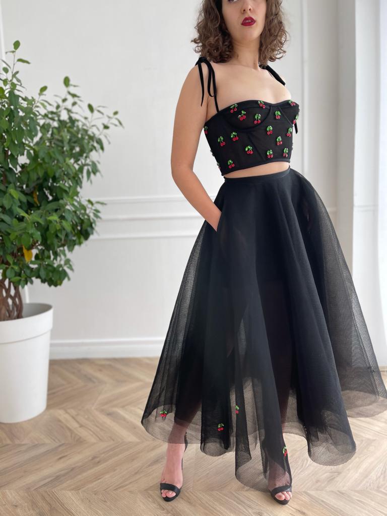 Black two piece dress with embroidered cherries and bow straps