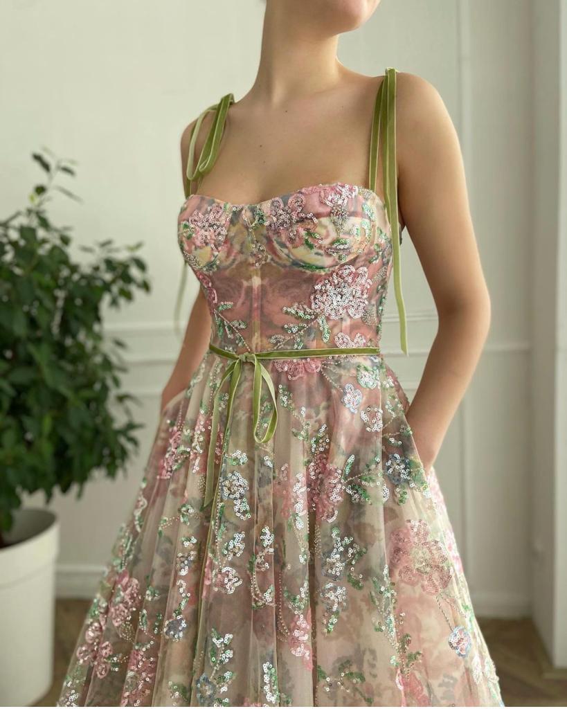 Colorful midi dress with embroidery and spaghetti straps