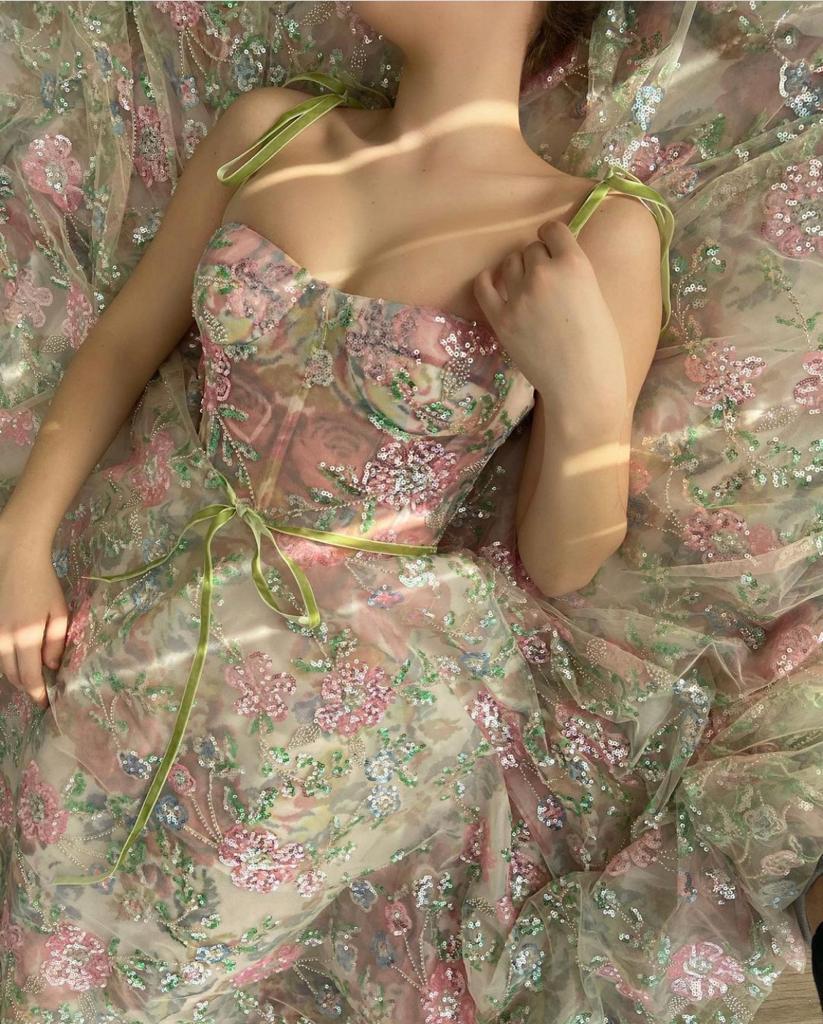 Colorful midi dress with embroidery and spaghetti straps
