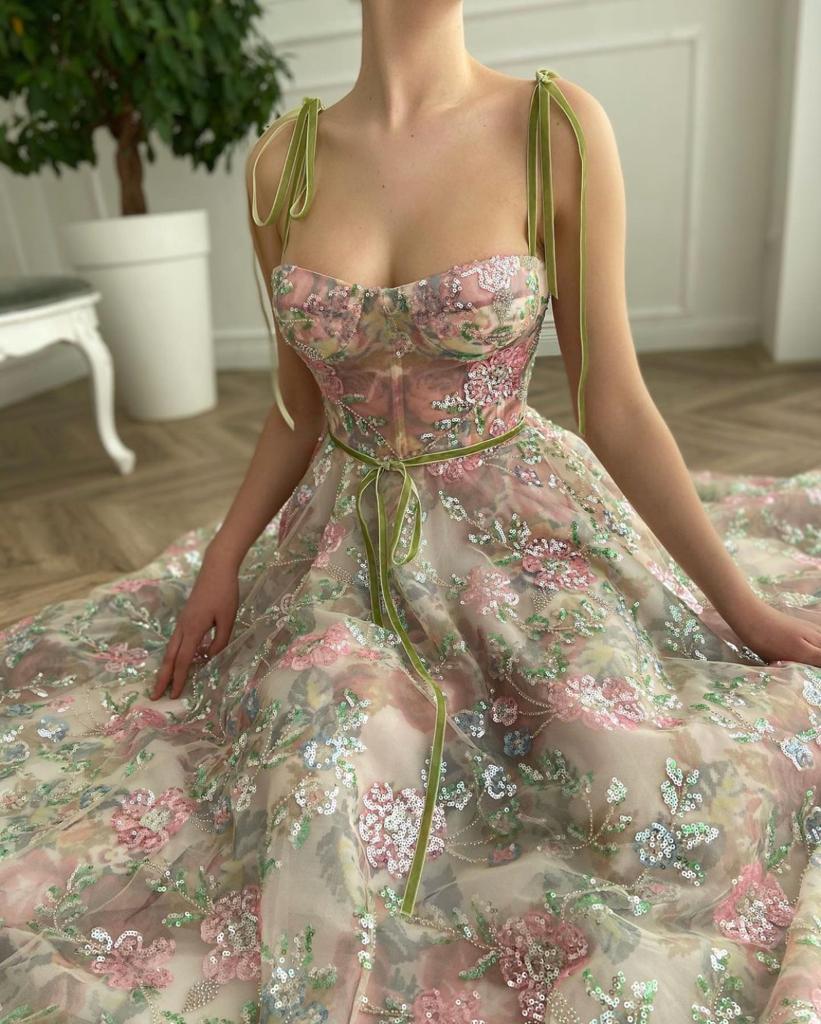 Colorful midi dress with embroidery and spaghetti straps