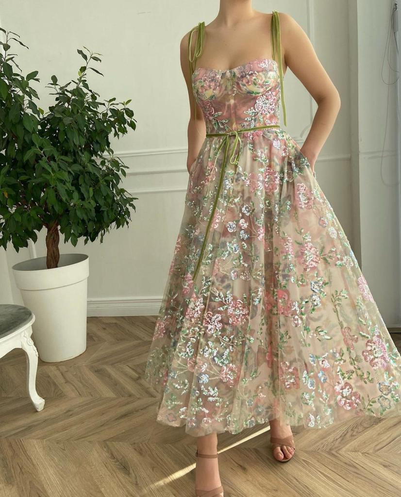Colorful midi dress with embroidery and spaghetti straps
