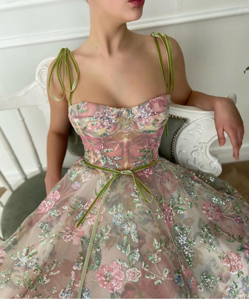 Colorful midi dress with embroidery and spaghetti straps