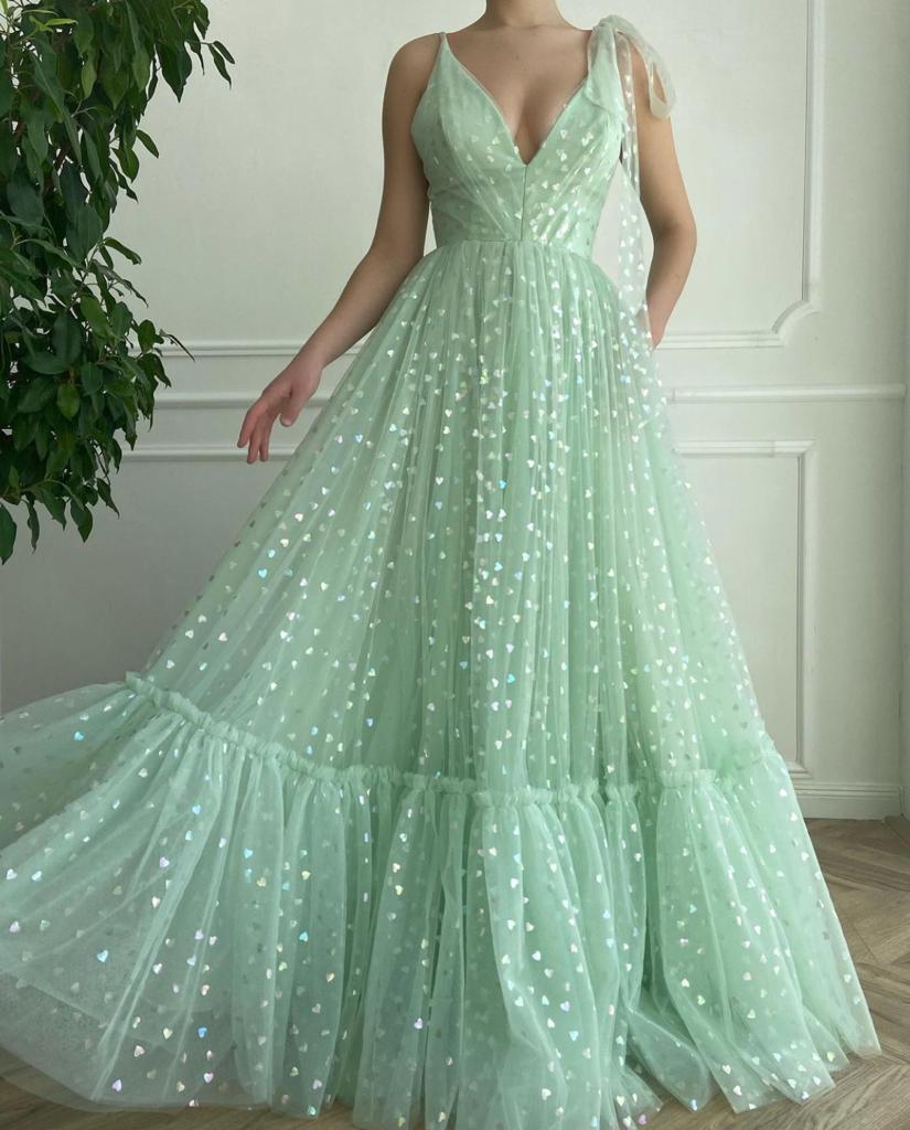 Green A-Line dress with straps, v-neck and hearty fabric