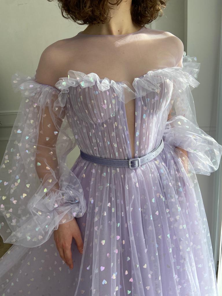 Purple A-Line dress with long sleeves, belt and hearty fabric