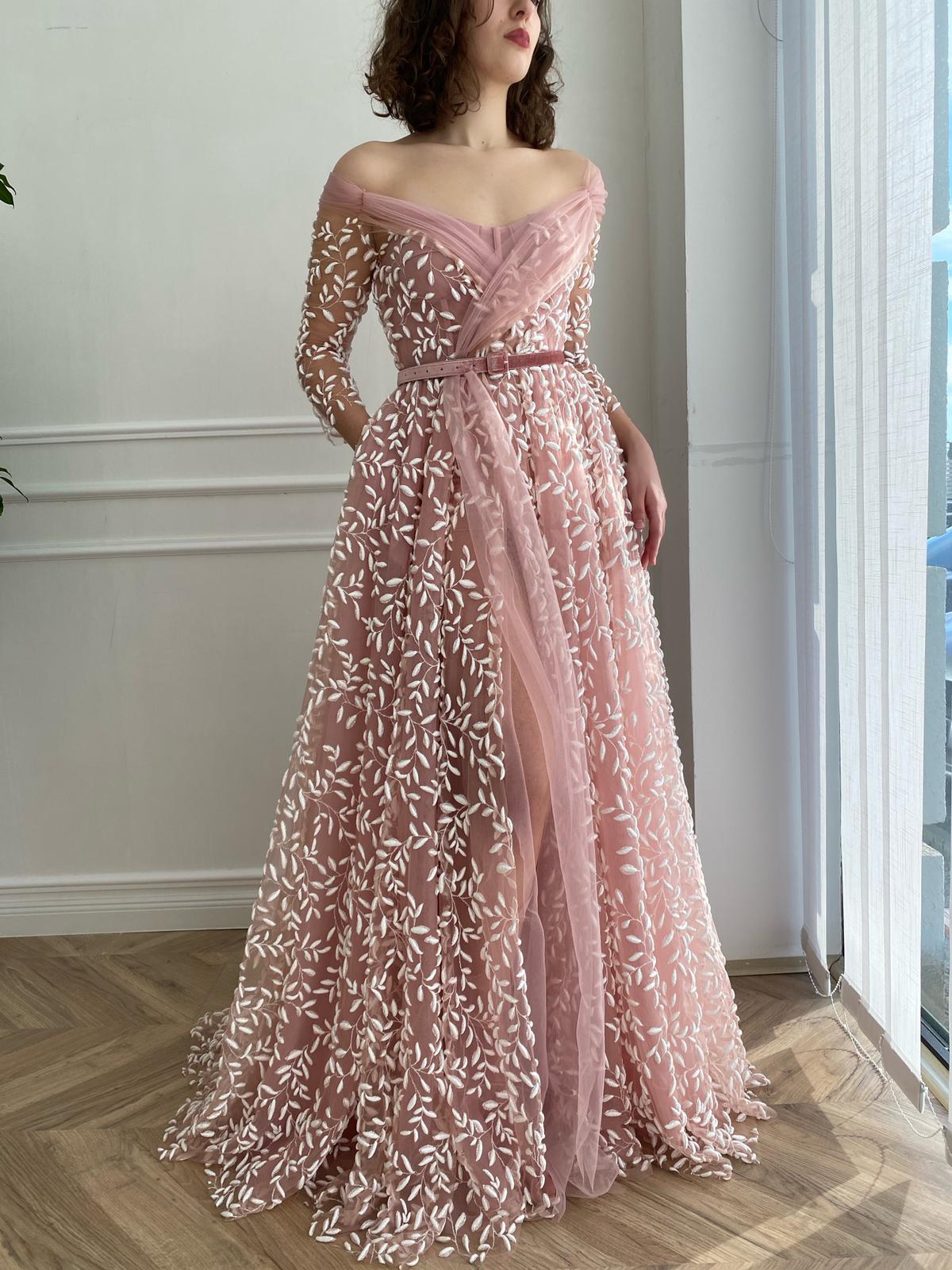 Pink A-Line dress with belt and long off the shoulder sleeves