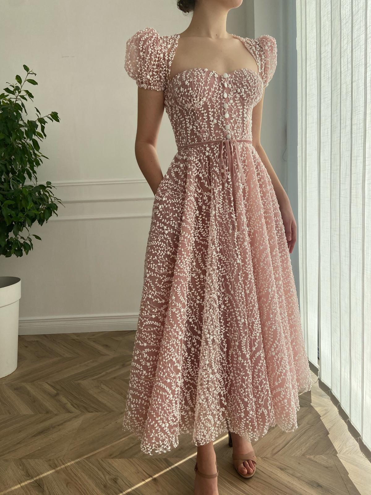 Pink midi dress with short cap sleeves