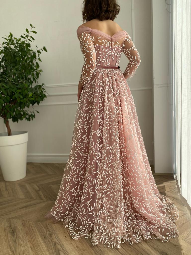 Pink A-Line dress with belt and long off the shoulder sleeves