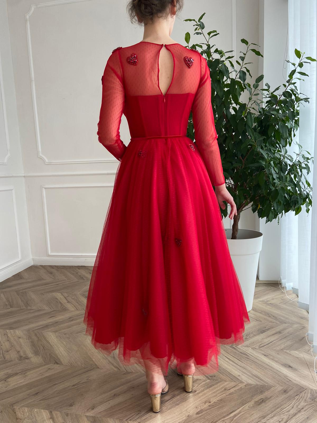 Red midi dress with embroidered hearts and long sleeves