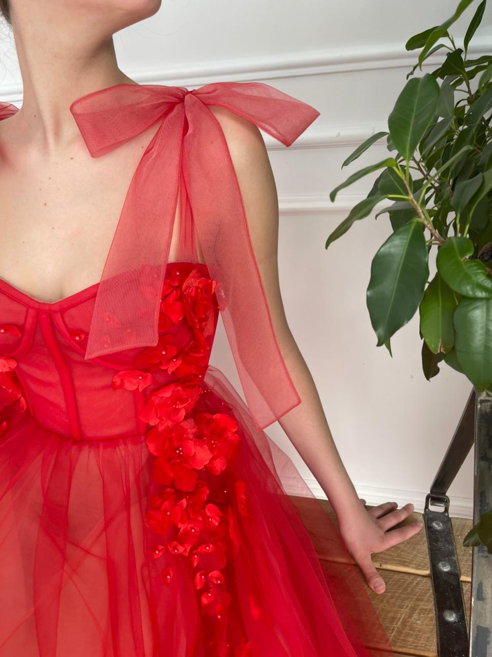 Red A-Line dress with bow straps and embroidery