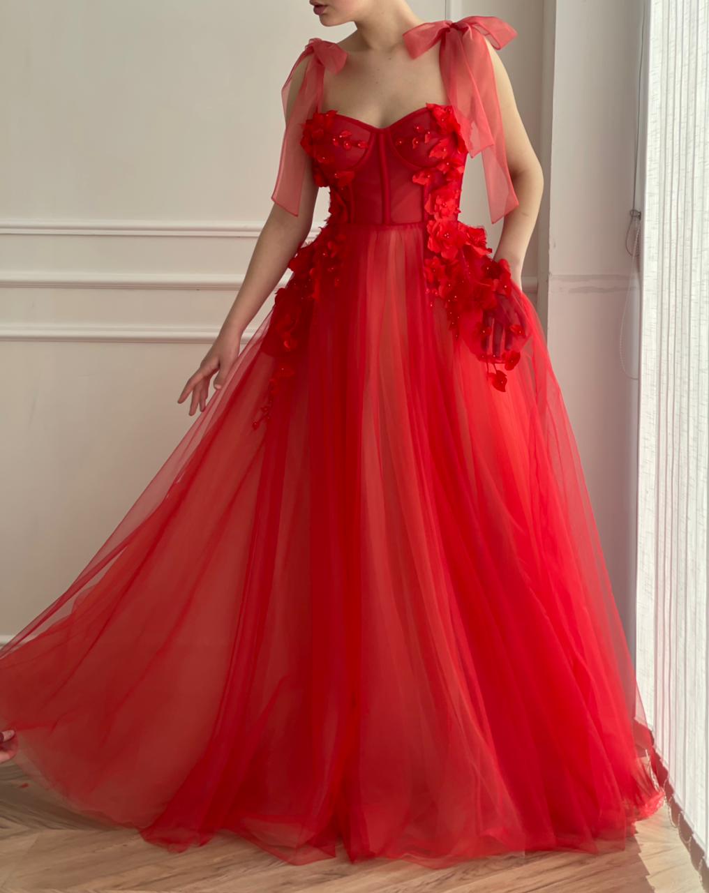 Red A-Line dress with bow straps and embroidery