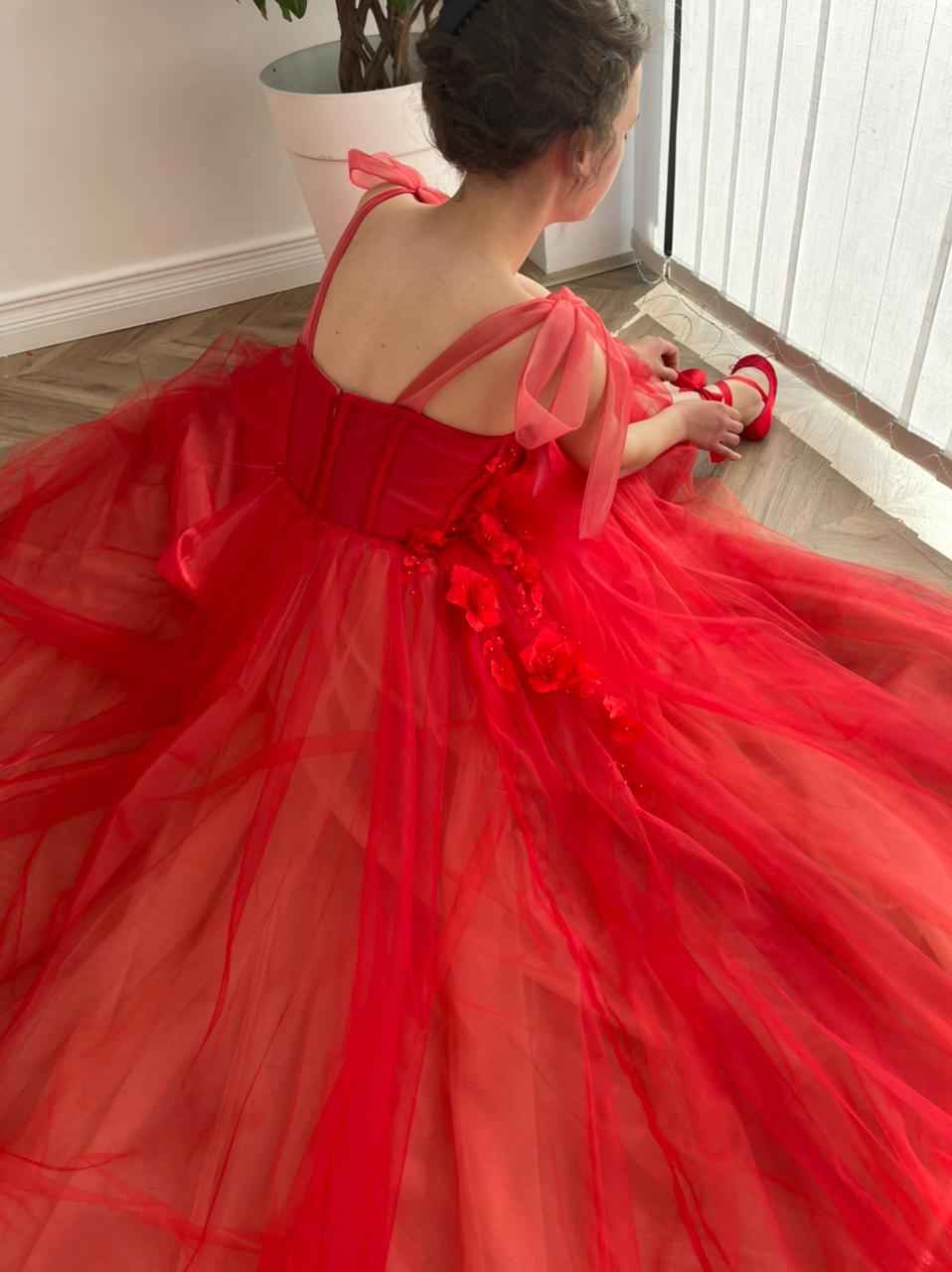 Red A-Line dress with bow straps and embroidery