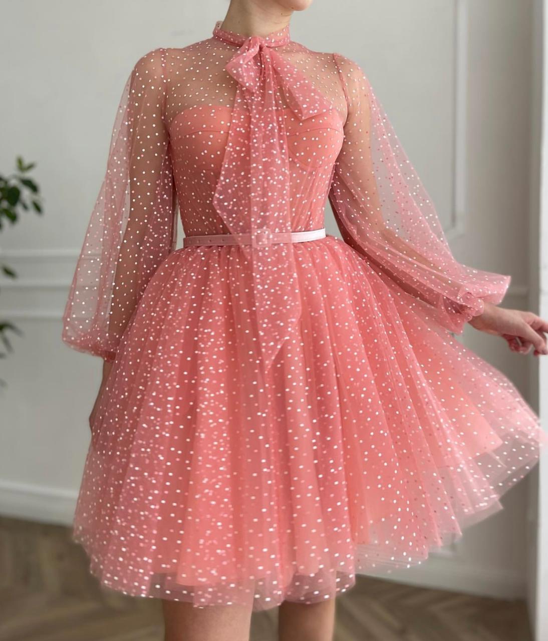 Pink mini dress with long sleeves and belt