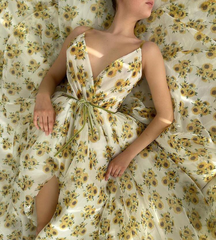 White A-Line dress with spaghetti straps and printed flowers