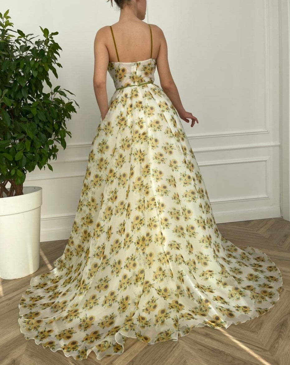 White A-Line dress with spaghetti straps and printed flowers