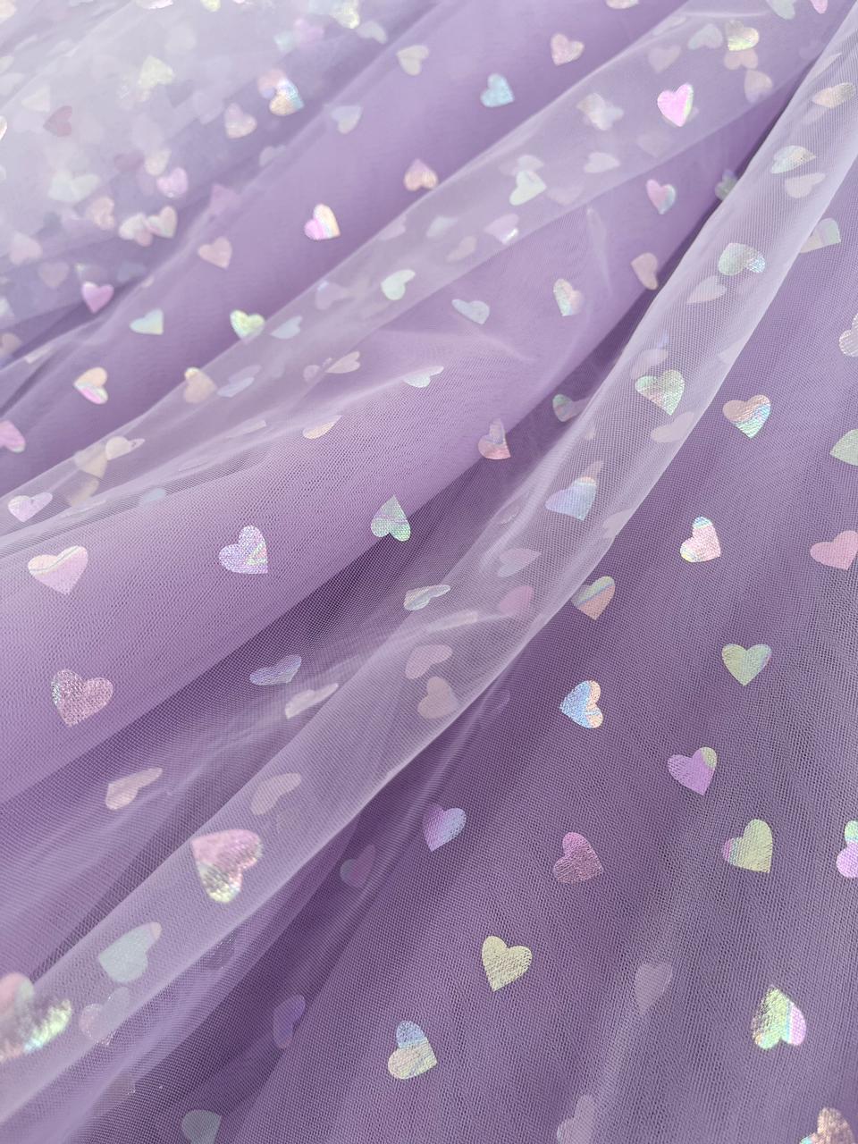 Midi purple dress with printed hearts and spaghetti straps