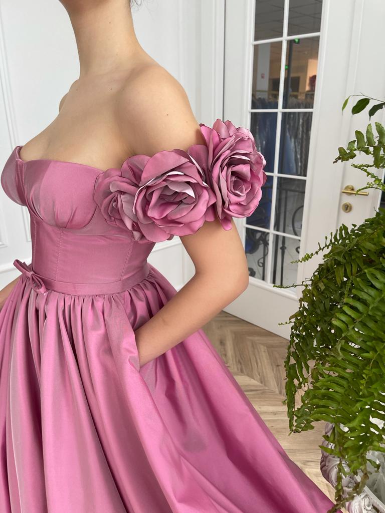 Pink A-Line dress with off the shoulder sleeves and embroidery