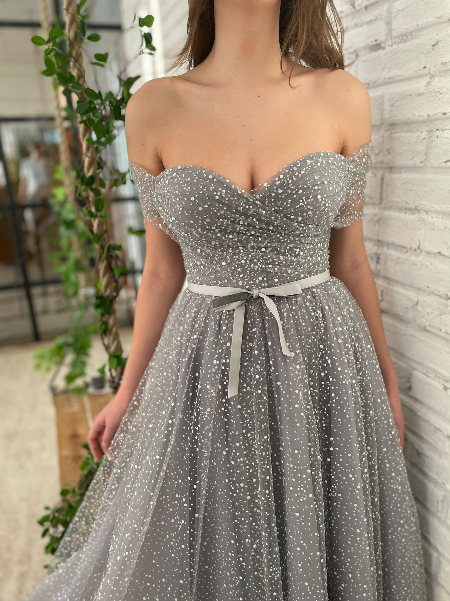 Grey midi dress with off the shoulder sleeves