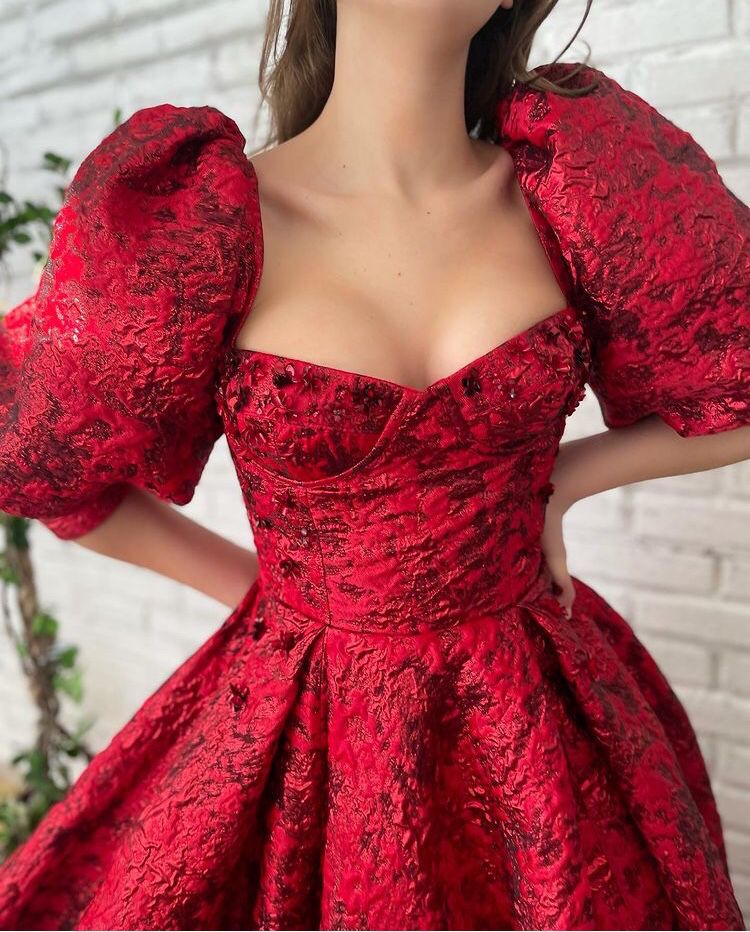 Red A-Line dress with short puff sleeves