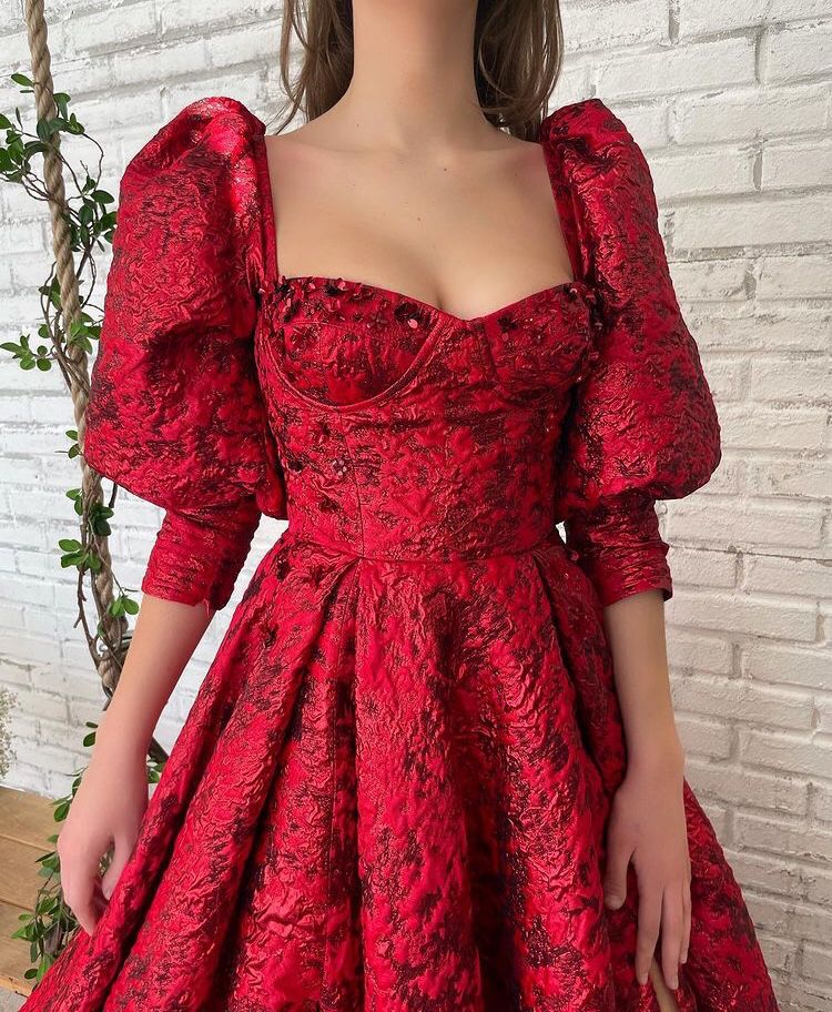 Red A-Line dress with short puff sleeves