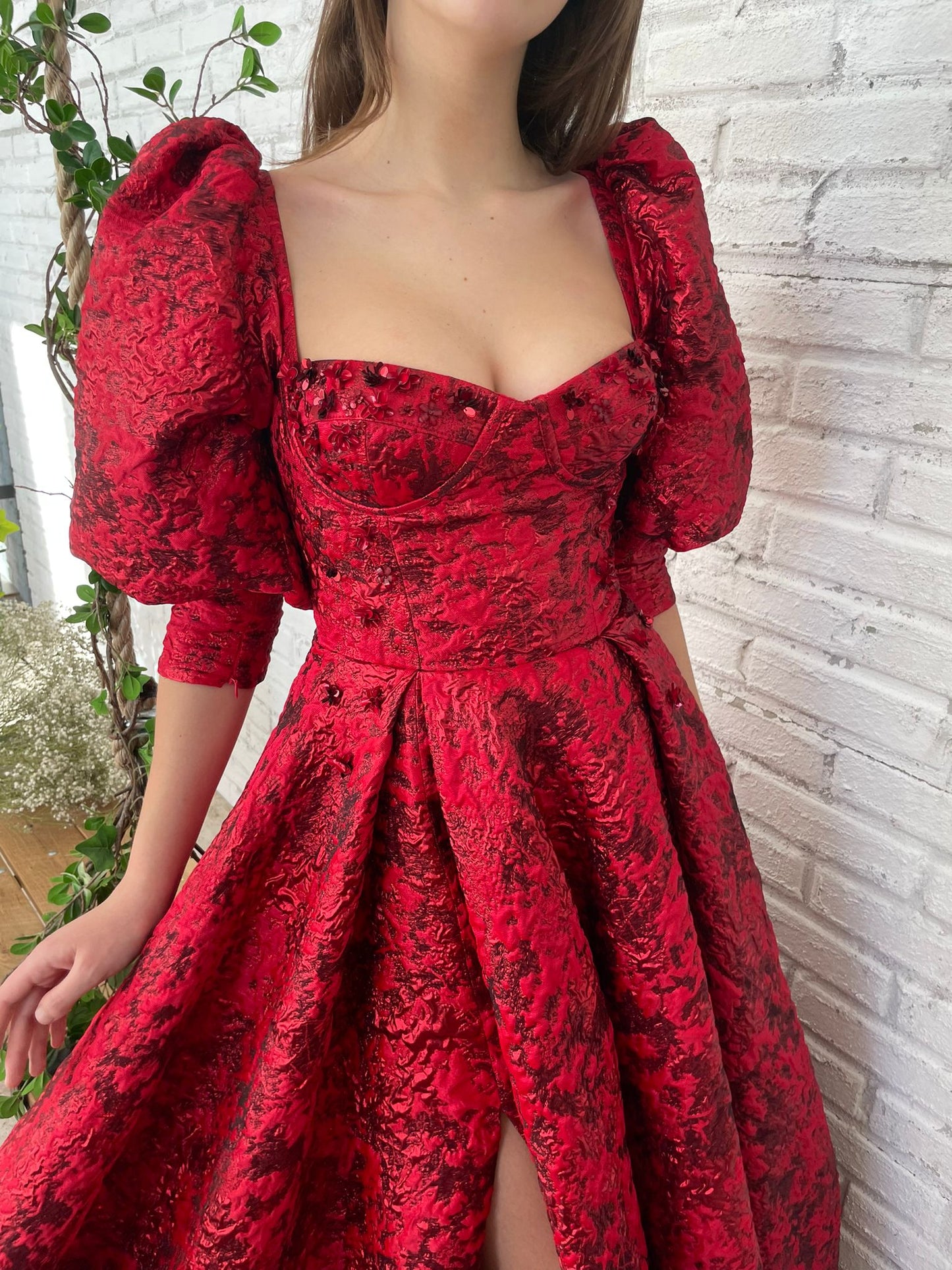 Red A-Line dress with short puff sleeves