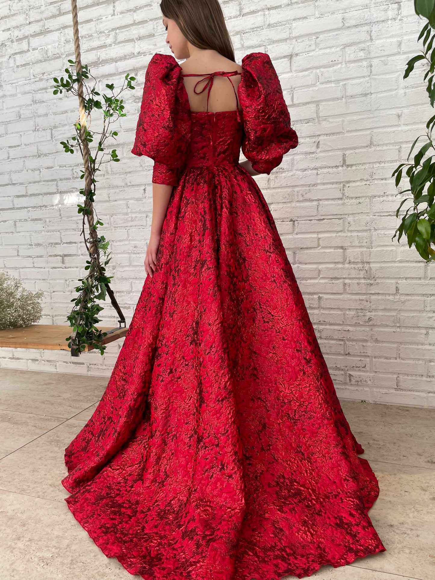 Red A-Line dress with short puff sleeves
