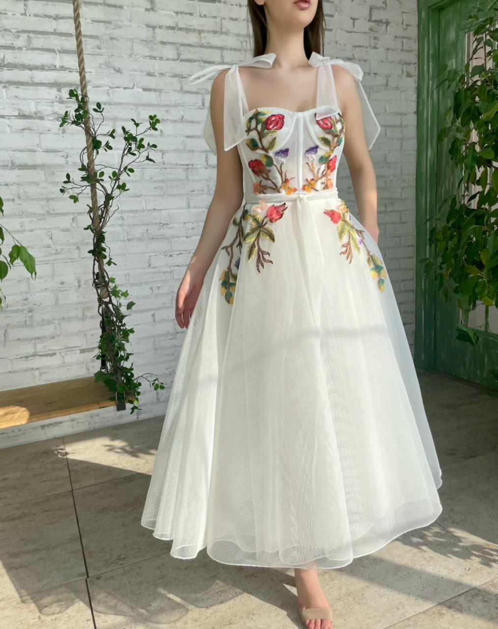 Midi white bridal dress with embroidered flowers and straps