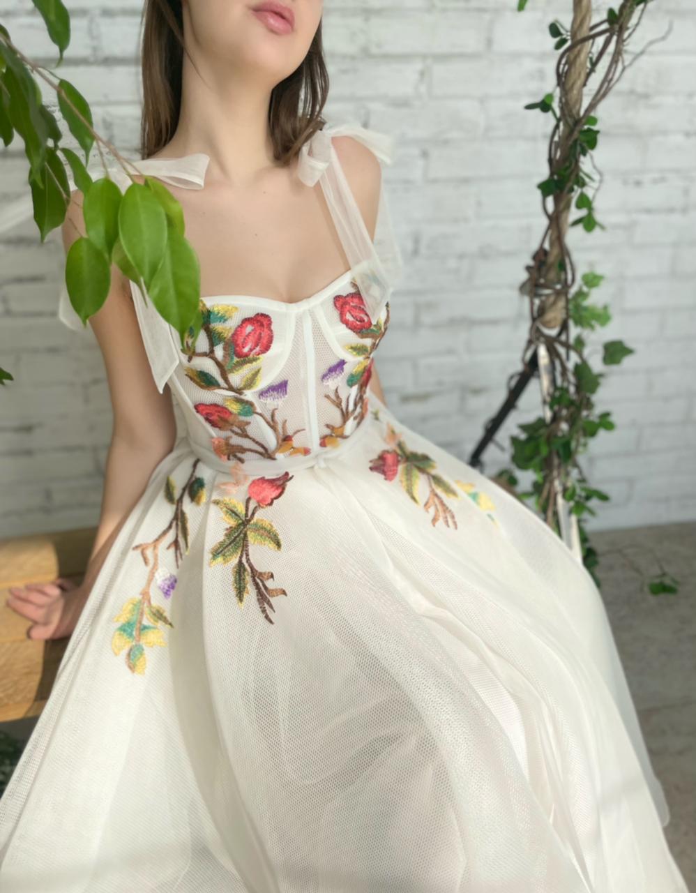 Midi white bridal dress with embroidered flowers and straps