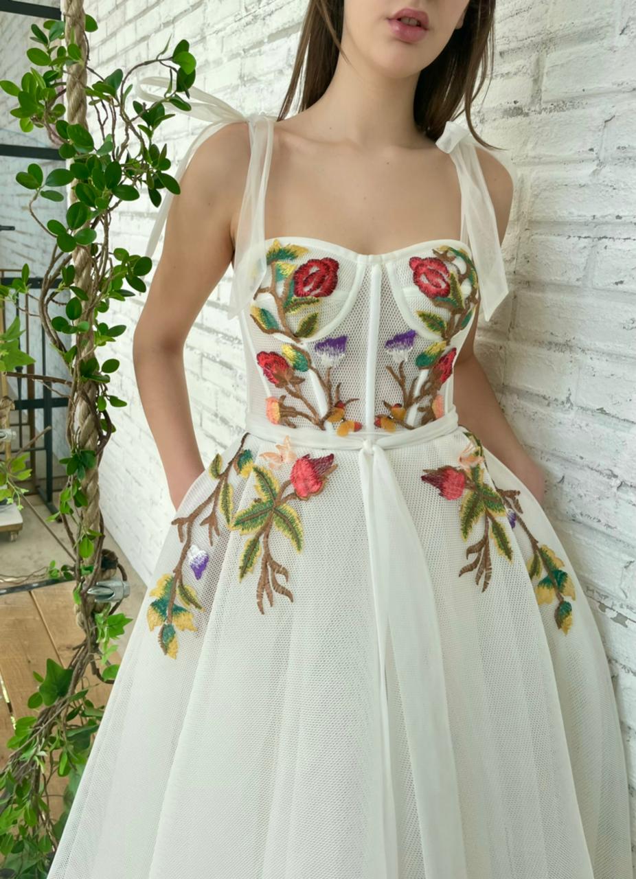 Midi white bridal dress with embroidered flowers and straps